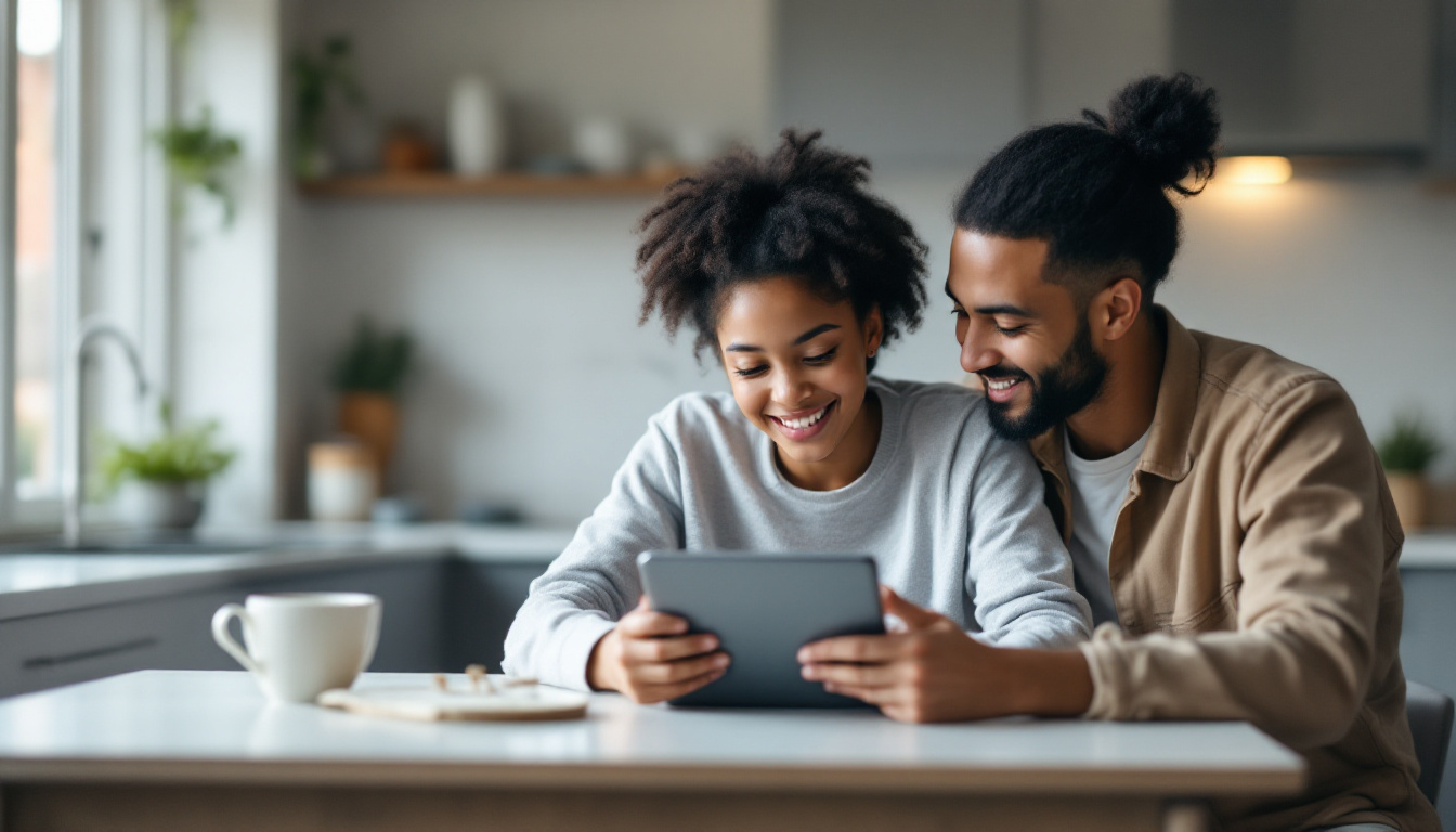 Two people reviewing video content together on a tablet at a bright kitchen table